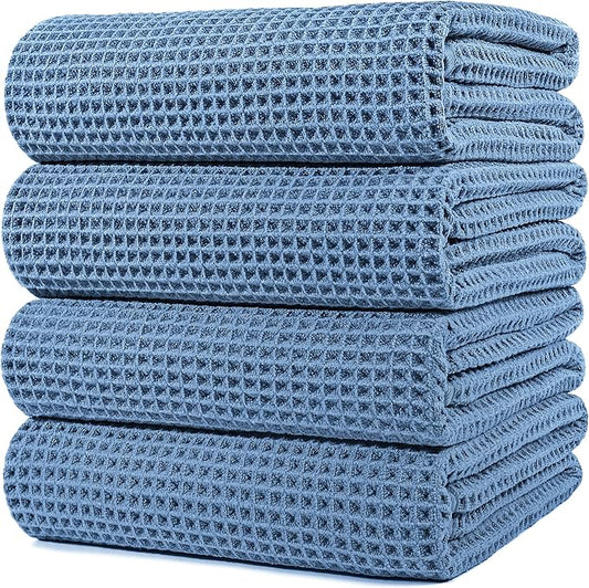 POLYTE Microfiber Oversize Quick Dry Lint Free Bath Towel, 60 x 30 in, 4 Pack (Waffle Weave)