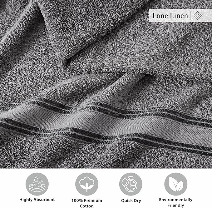 LANE LINEN Towel Set of 12 – 100% Mercerized Cotton, Zero Twist, 4 Large Bath Towel, 4 Hand Towels & 4 Wash Cloths, Quick Dry & Long-Lasting, Perfect for Family Bathrooms, Easy Care – Cool Grey
