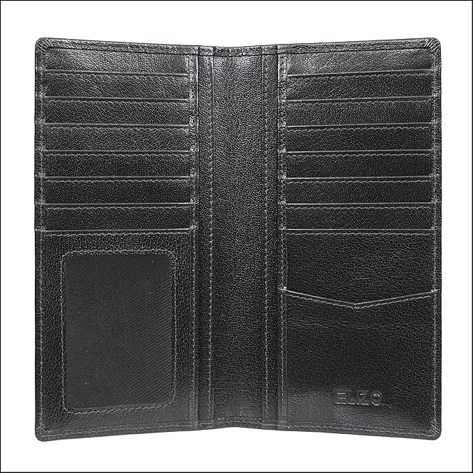 ELIZO Men's Genuine Leather Long Wallet - RFID Blocking Rodeo Checkbook Wallet | Slim Western Bifold Wallet with 16 Card Slots, ID Window | Top Grain Leather Cowboy Wallet