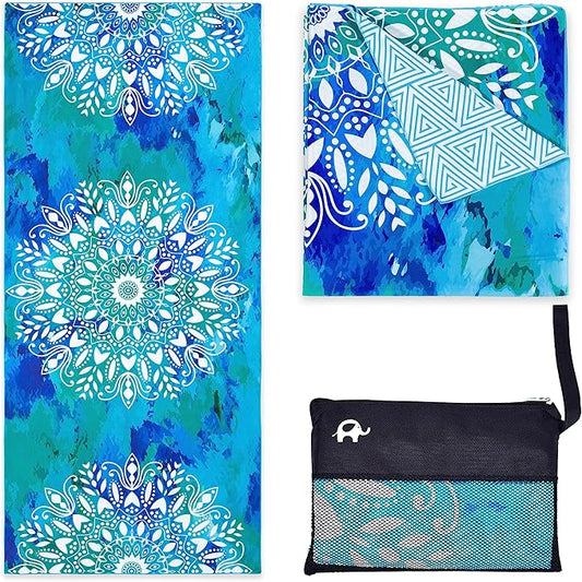 Elite Trend Microfiber Beach Towel for Adults with Bag - Extra Large 78x35 inch Lightweight Sand Free Quick Dry Towel for Travel, Swimming, Yoga, Camping (Mandala Blue)