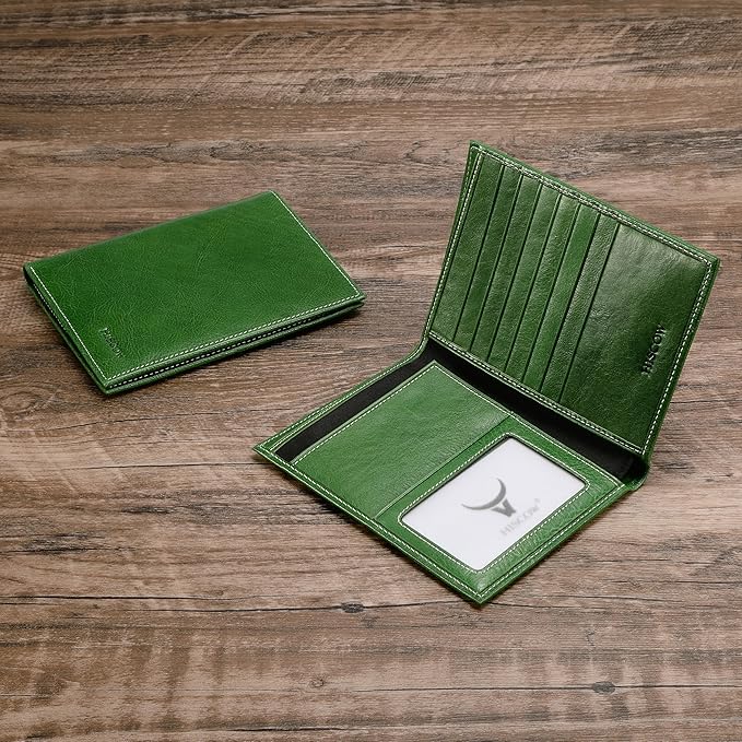 HISCOW Italian Leather Passport Holder for Travel - RFID Blocking Wallet Cover with Secure Organizer for Men & Women, US & Foreign Trips, Green Vegetable-Tanned Leather