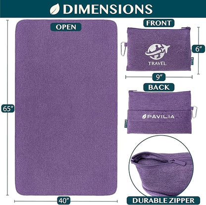 PAVILIA Travel Blanket Compact, Airplane Packable Bag, Soft Fleece Portable Throw Pillow Combo Set, Plane Flight Car Trips Essentials Gift Accessories, Luggage Backpack Clip, Purple, 65 x 40 Inch