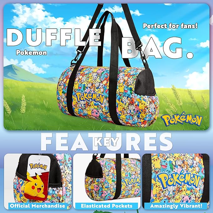 Pokemon Pikachu Duffel Kids Travel Bag - Gym Sports Overnight Holdall with Adjustable Strap & Pockets
