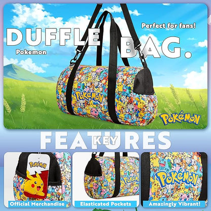 Pokemon Pikachu Duffel Kids Travel Bag - Gym Sports Overnight Holdall with Adjustable Strap & Pockets