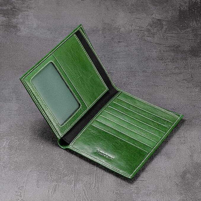 HISCOW Italian Leather Passport Holder for Travel - RFID Blocking Wallet Cover with Secure Organizer for Men & Women, US & Foreign Trips, Green Vegetable-Tanned Leather