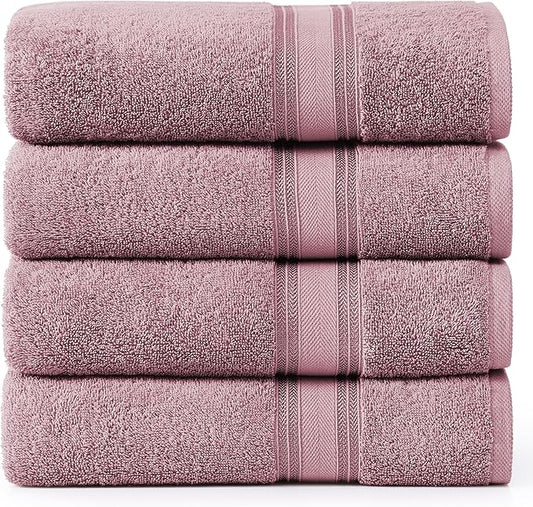 LANE LINEN 100% Cotton Large Bath Towels Set of 4 (28"x54") - Zero Twist, Mercerized Cotton Bathroom Towel 4 Pack - Quick Dry, Soft & Absorbent Large Towels Set - Oeko Tex Certified - Wishful Mauve