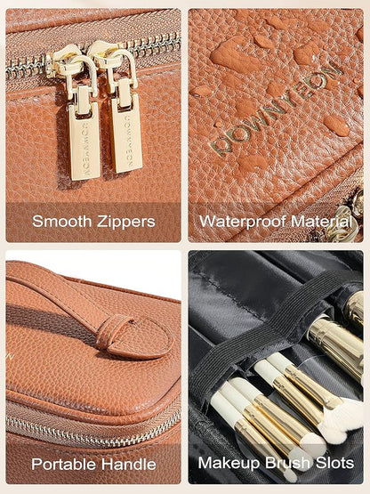 Cosmetic Bag,ROWNYEON Makeup Bag,Portable Makeup Train Case,Travel Toiletry Bag Case Organizer for Women,Brown