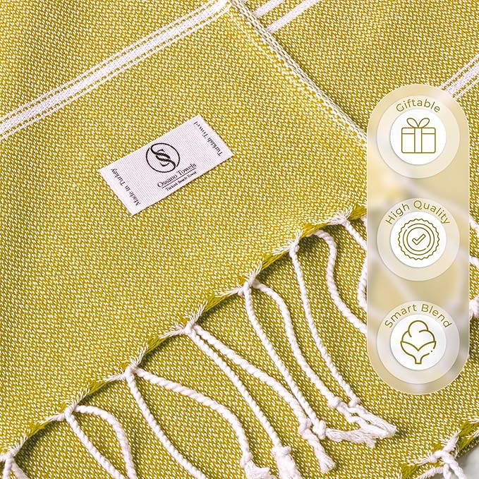 Turkish Beach Towel Quick Dry & Soft Oversized (39" x 71") - Compact, Versatile and Functional as Yoga Mat, Picnic and Travel Blanket, Cruise and Bath Towels - Mustard