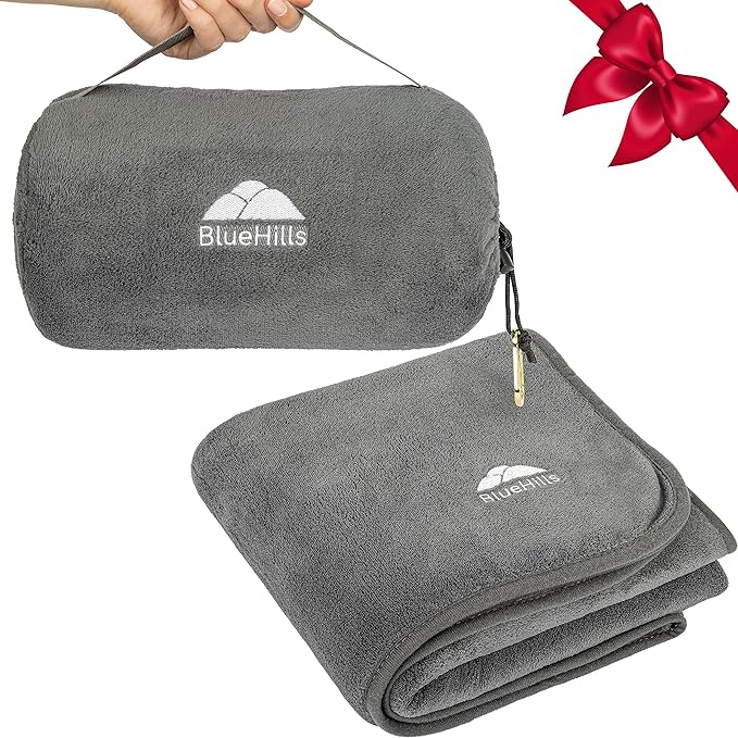 BlueHills Travel Blanket Pillow Rolled Premium Soft Plush Airplane Throw Traveling Essentials Compact in a Bag 70 X 48 inches for Long Plane Flight Portable Lightweight Grey Gray R01