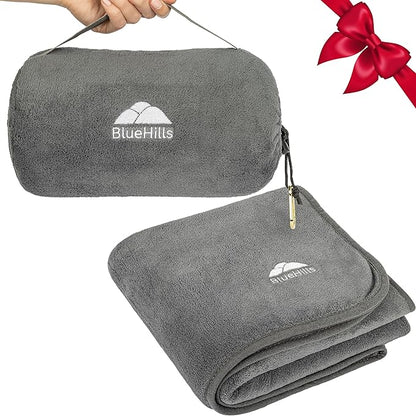 BlueHills Travel Blanket Pillow Rolled Premium Soft Plush Airplane Throw Traveling Essentials Compact in a Bag 70 X 48 inches for Long Plane Flight Portable Lightweight Grey Gray R01