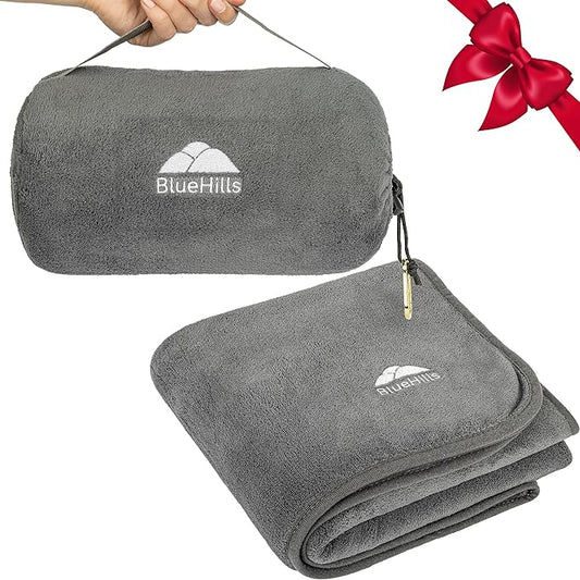 BlueHills Travel Blanket Pillow Rolled Premium Soft Plush Airplane Throw Traveling Essentials Compact in a Bag 70 X 48 inches for Long Plane Flight Portable Lightweight Grey Gray R01