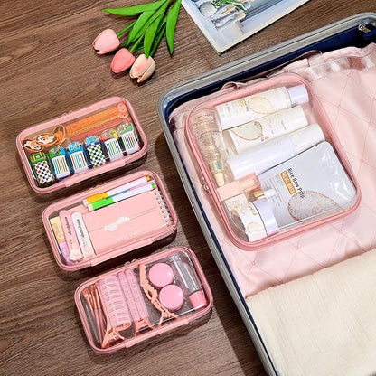 4 pcs Clear Zipper Pouches,Hard Shell Zipper Case, Toiletry Bag for Travel, CLear Diaper Bag, Toiletry Pouch, Travel Organizer, Clear Cosmetic Bag,Toy Storage Bins (M+3S) (Light Pink)
