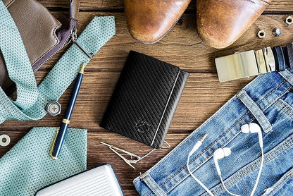 Stealth Mode Trifold Wallet - RFID Blocking Wallet with Flip ID Holder - Leather Case for Money, Credit Cards - Mens Organizer, Divided Billfold, Identity Protection - Men's Gifts (Carbon Fiber)