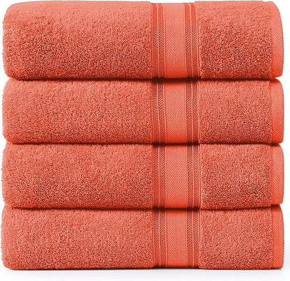 LANE LINEN 100% Cotton Zero Twist, Bath Towels (28"x54") - 4 Pieces - Large Towels for Bathroom - Quick Drying, Soft & Absorbent Large Shower Towel Set - Used in Gym, Hotel, Spa, Home - Living Coral