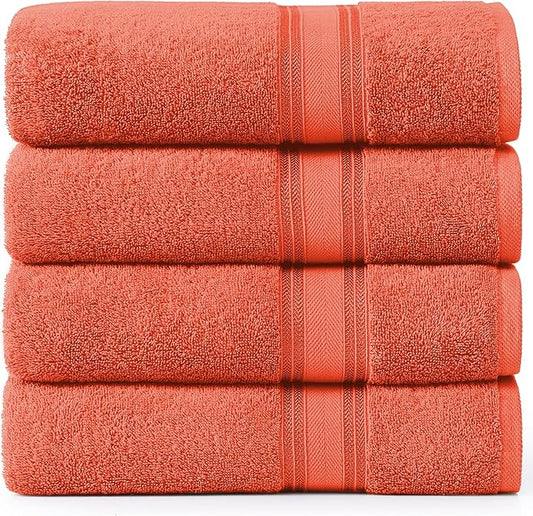 LANE LINEN 100% Cotton Zero Twist, Bath Towels (30"x60") - 4 Pieces - Large Towels for Bathroom - Quick Drying, Soft & Absorbent Large Shower Towel Set - Used in Gym, Hotel, Spa, Home - Living Coral