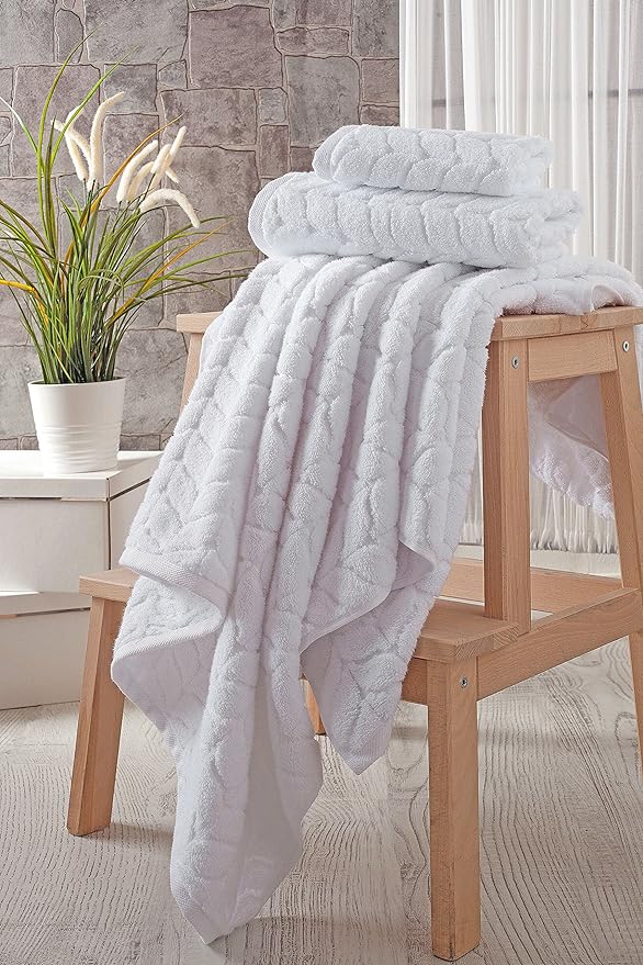 BAGNO MILANO Turkish Bath Towels, Soft Plush Jacquard Luxury Bath Towels, Quick Dry Towel Set (White, 6 pcs Towel Set)