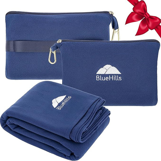 BlueHills Travel Blanket Pillow Compact Lightweight Pocket Size Airplane Traveling Essential Flight Trip Throw in Bag Portable Case Plane Accessory Navy Blue L04