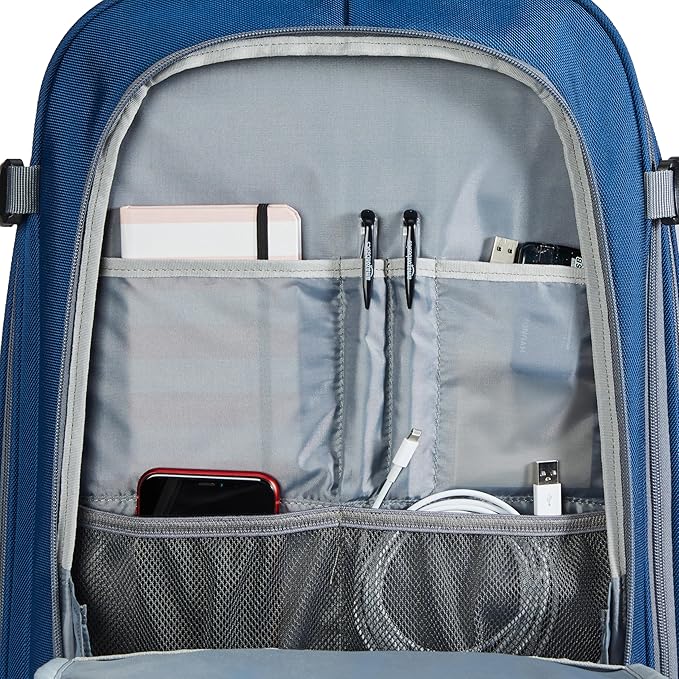 Amazon Basics Travel Backpack, Carry On Backpack, With Laptop Compartment, 40L Capacity, Expandable for 10% Extra Space, Backpack & Shoulder Bag Dual Use, 15.8"W x 21.5"H x 8.3"D, Navy