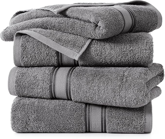 LANE LINEN 100% Cotton 4 Pack Bath Towels Set (28"x54") - Zero Twist, Large Cotton Towels for Bathroom - Quick Dry, Soft & Absorbent Bath Towel Set - Remains Soft After Multiple Washes - Cool Grey