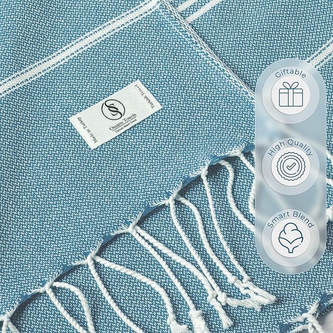 Turkish Beach Towel Compact & Soft Oversized (39" x 71") - Quick Dry, Versatile and Functional as Bath Sheet, Picnic Blanket, Bath, Gym, Pool and Body Towel - Turqoise