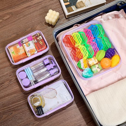 4 pcs Clear Zipper Pouches,Hard Shell Zipper Case, Toiletry Bag for Travel, CLear Diaper Bag, Toiletry Pouch, Travel Organizer, Clear Cosmetic Bag,Toy Storage Bins (M+3S) (Lavender)