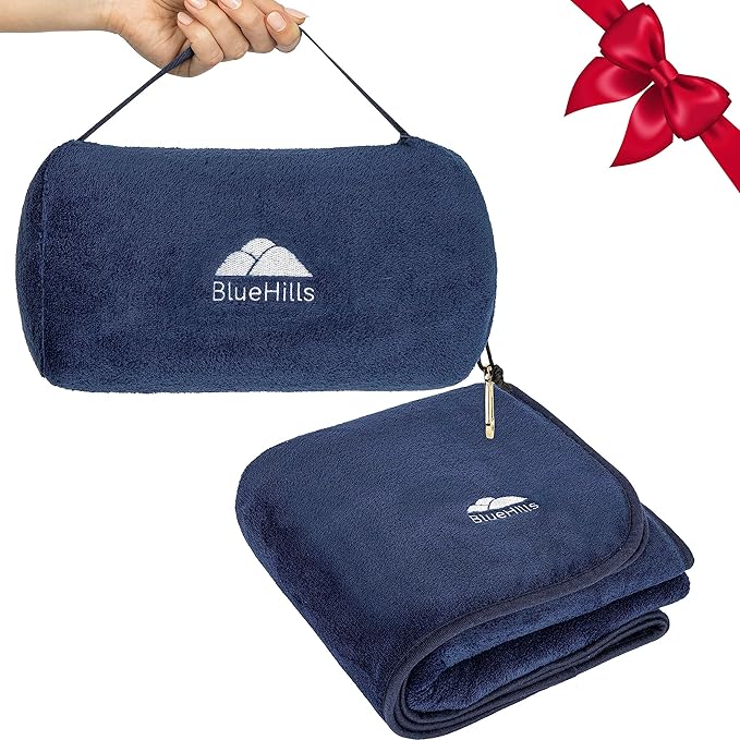 BlueHills Travel Blanket Pillow Rolled Premium Soft Plush Airplane Throw Traveling Essential Gift Compact in a Bag 70 X 48 inches Long Plane Flight Portable Lightweight Navy Blue R04
