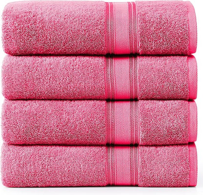 LANE LINEN 100% Cotton Large Bath Towels Set of 4 (28"x54") - Zero Twist, Mercerized Cotton Bathroom Towel 4 Pack - Quick Dry, Soft & Absorbent Large Towels Set - Dorm Essentials for Girls - Fuchsia