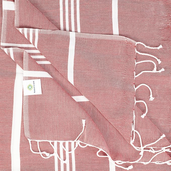 Beach Towel 100% Cotton Turkish Beach Towel Adult 38x70 Inch Pre-washed Absorbent Extra Large|Sand Free Quick Dry BathTowels|Lightweight Blanket|Travel Cruise Camping Spa Gym Yoga Sports Towel|Red
