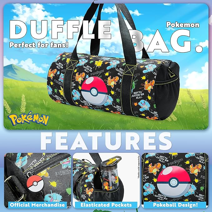 Pokemon Duffel Bag for Kids Boys Anime Pikachu Carryall Duffle Bag with Adjustable Strap for Travel Sports Gear Equipment Organizer Gifts for Kids