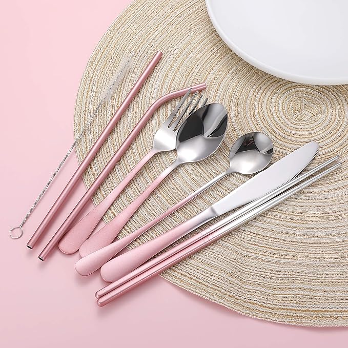 Travel Utensils,Reusable Silverware Set To Go Portable Cutlery Set with a Waterproof Carrying Case for Lunch Boxes Workplace Camping Picnic (GraPink)