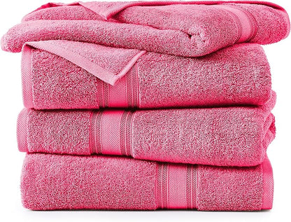 LANE LINEN 100% Cotton Large Bath Towels Set of 4 (28"x54") - Zero Twist, Mercerized Cotton Bathroom Towel 4 Pack - Quick Dry, Soft & Absorbent Large Towels Set - Dorm Essentials for Girls - Fuchsia
