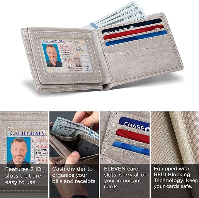 SERMAN BRANDS 2 ID Window Wallet for Men RFID Blocking Leather, Bifold Top Flip, Extra Capacity Travel Wallet