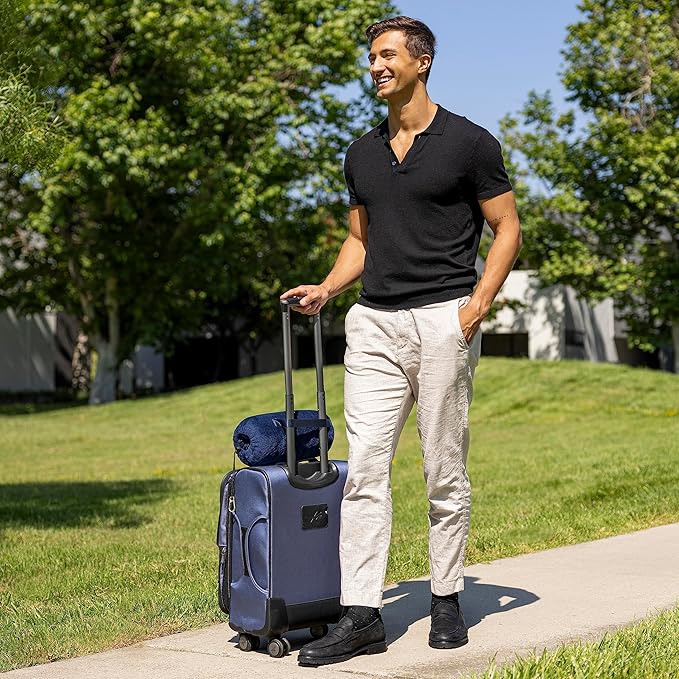 BlueHills Travel Blanket Pillow Rolled Premium Soft Plush Airplane Throw Traveling Accessories Gifts Compact in a Bag 70 X 48 inches Long Plane Flight Portable Lightweight Black R05