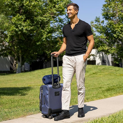 BlueHills Travel Blanket Pillow Rolled Premium Soft Plush Airplane Throw Traveling Accessories Gifts Compact in a Bag 70 X 48 inches Long Plane Flight Portable Lightweight Black R05