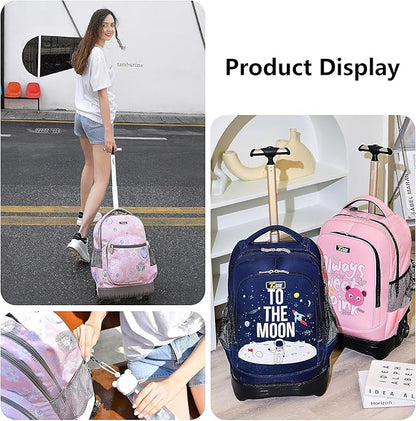 NEW TILAMI 18 Inch Rolling Backpack with Wheels for Girls Boys Kids Laptop Backpack School Travel, Pink Unicorn