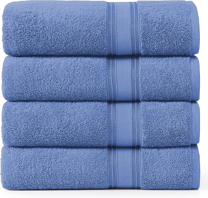 LANE LINEN 100% Cotton 4 Pack Bath Towels (28"x54") - Zero Twist, Mercerized Cotton Bathroom Towels Set - Quick Dry, Soft & Absorbent Large Bath Towels - Machine Wash in Cold Water - Cerulean Blue