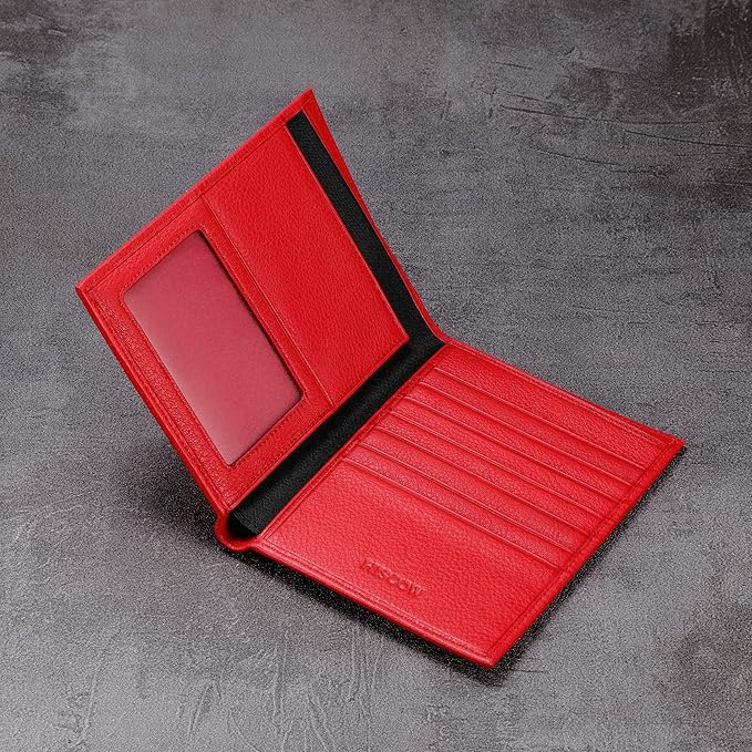 HISCOW Italian Leather Passport Holder for Travel - RFID Blocking Wallet Cover with Secure Organizer for Men & Women, US & Foreign Trips, Red