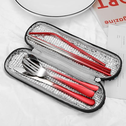 Travel Utensils,Reusable Silverware Set To Go Portable Cutlery Set with a Waterproof Carrying Case for Lunch Boxes Workplace Camping Picnic (GraRed)
