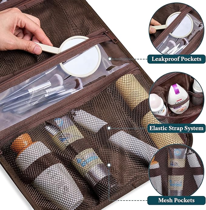 PAVILIA Hanging Toiletry Bag Men Women, Travel Kit Foldable Large Toiletries Organizer, Roll up Cosmetics Makeup Bag Accessories, Waterproof Essentials Dopp Case (Brown)