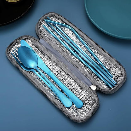 Portable Stainless Steel Flatware Set, Travel Camping Cutlery Set, Portable Utensil Travel Silverware Dinnerware Set with a Waterproof Case (Light Blue)