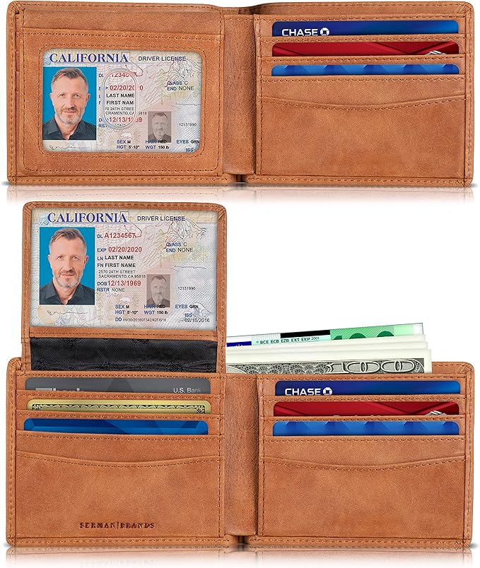 SERMAN BRANDS 2 ID Window Wallet for Men RFID Blocking Leather, Bifold Top Flip, Extra Capacity Travel Wallet