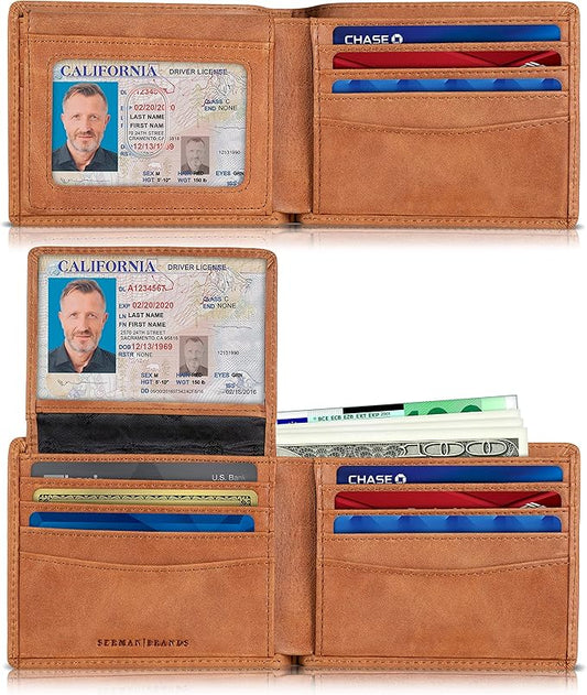 SERMAN BRANDS 2 ID Window Wallet for Men RFID Blocking Leather, Bifold Top Flip, Extra Capacity Travel Wallet
