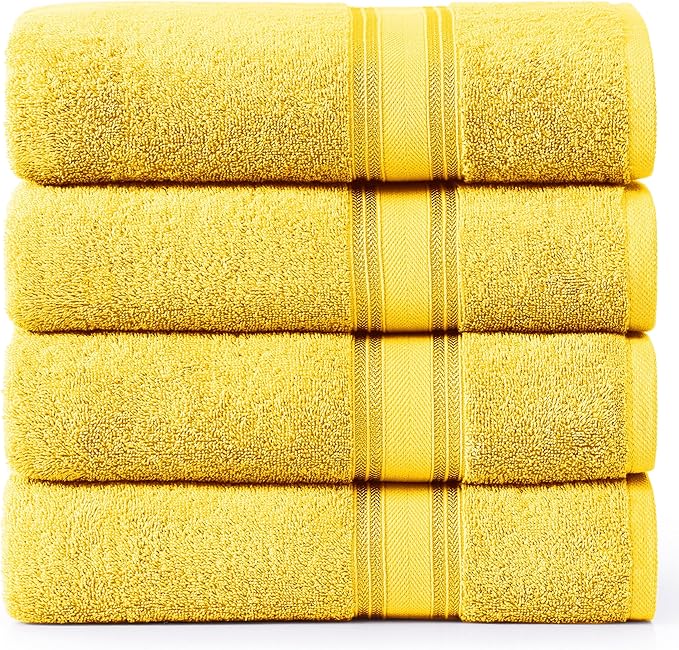 LANE LINEN 100% Cotton Bath Towels Pack of 4 (30"x60") - Zero Twist, Mercerized Cotton Bathroom Towel Set - Quick Dry, Extra Soft & Absorbent Yellow Bath Towels - Suitable for All Skin Types - Mimosa